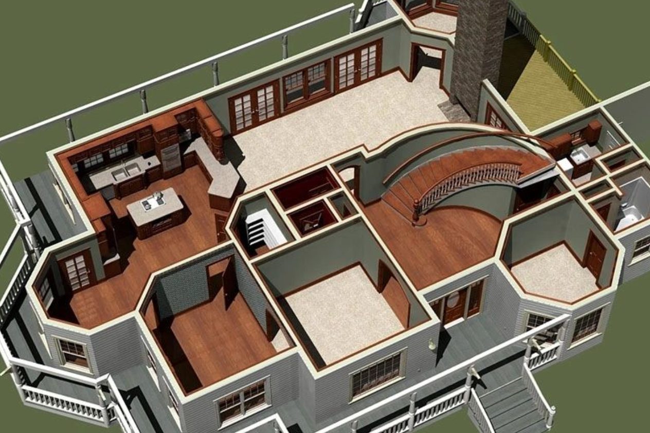 3D house floor plan with furniture layout