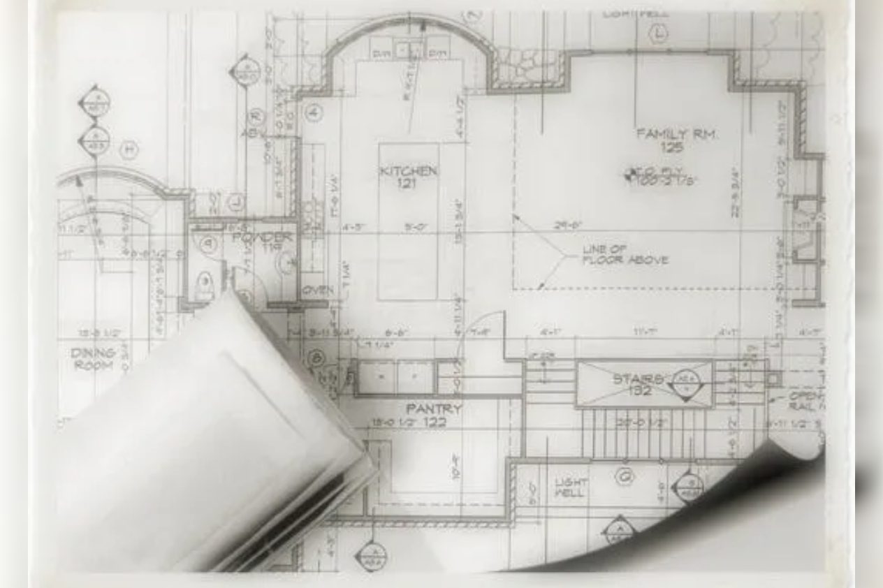 Architectural floor plan with rolled blueprint